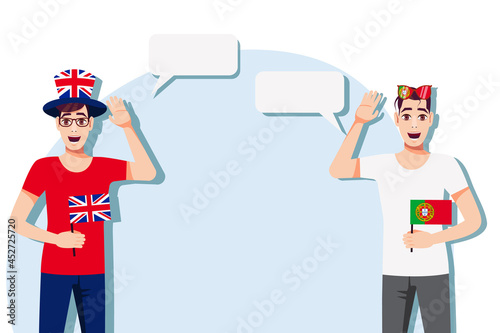 The concept of international communication, sports, education, business between the United Kingdom and Portugal. Men with British and Portuguese flags. Vector illustration.