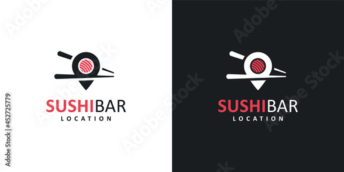 Restaurant logo design template. Pin point location with sushi and chopsticks graphic design vector illustration.