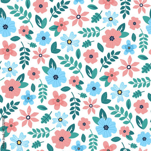 Cute pattern with colorful flowers on white background. Hand drawn vector isolated illustration.