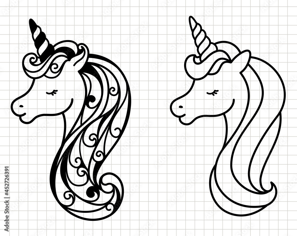 Fototapeta premium Unicorn face head cartoon clip art. Silhouette vector flat illustration. Cutting file. Suitable for cutting software. Cricut, Silhouette.