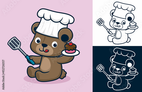 Funny bear cartoon wearing chef hat while holding cake and spatula