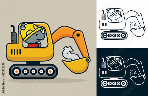 Cartoon rhino wearing worker helmet driving construction vehicle