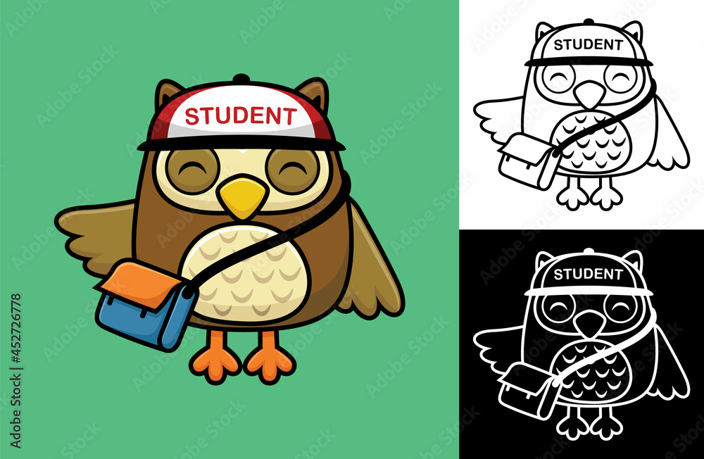 Cute owl wearing hat while carrying bag. Vector cartoon illustration in flat icon style