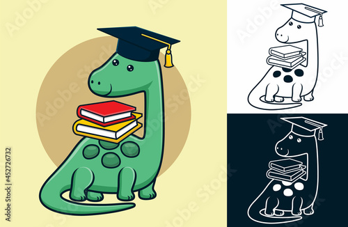 Dinosaur wearing graduation hat while carrying books on its back. Vector cartoon illustration in flat icon style