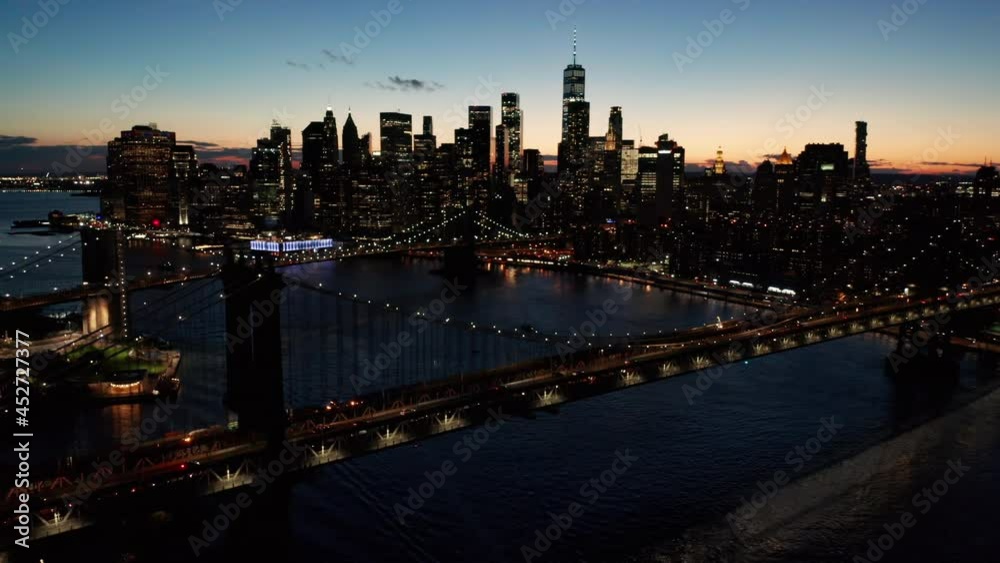 flying counterclockwise night view of downtown NYC and bridges flying counterclockwise night view of downtown NYC and bridges