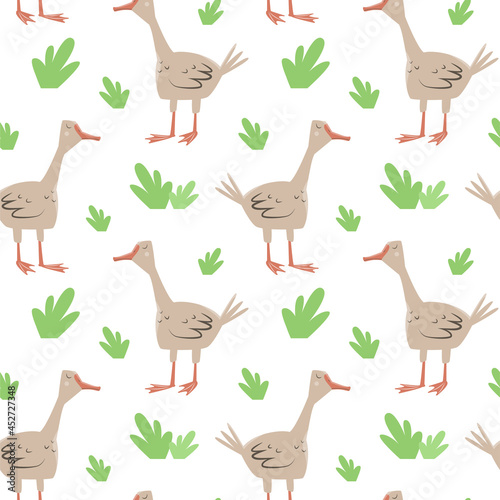 Funny cartoon domestic birds wallpaper. Seamless pattern with geese and grass. 