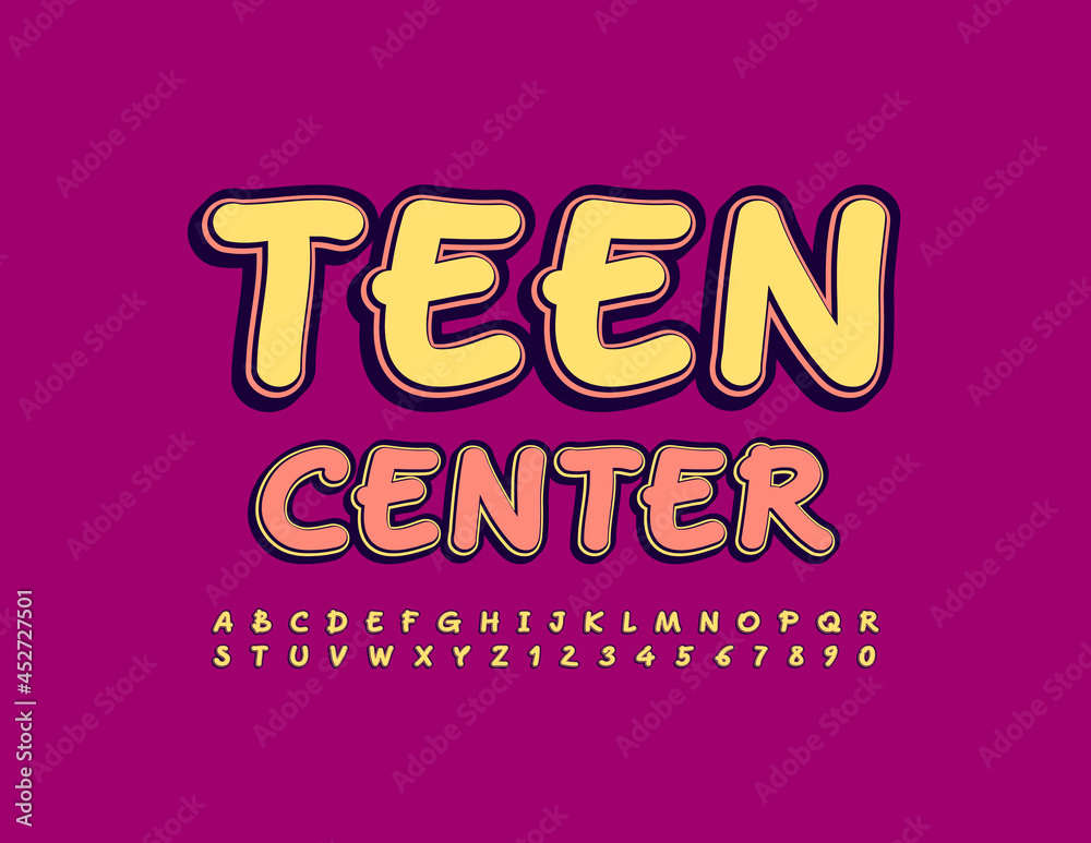 Vector bright poster Teen Center. Handwritten trendy Font. Artistic Alphabet Letters and Numbers set