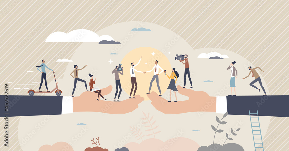 Cooperative agreement and business deal with media attention tiny person concept. Large project signing moment with press spotlights and supporters vector illustration. Businessman handshake and unity