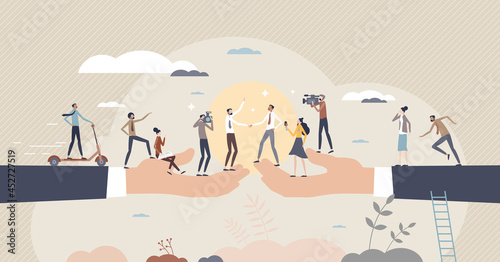 Cooperative agreement and business deal with media attention tiny person concept. Large project signing moment with press spotlights and supporters vector illustration. Businessman handshake and unity