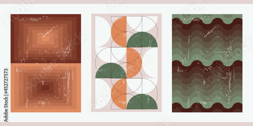 A set of three colorful aesthetic geometric backgrounds. Minimalist social media posters, cover designs, web, home decor. Vintage rainbow illustrations with arches, shapes, curves, lines, rectangles.