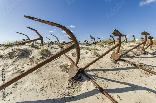 Anchor graveyard from former tuna fishing at Praia do Barril beach, Tavira, Algarve, Portugal
