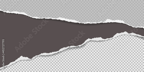 Torn, ripped black and dark grey paper strips with soft shadow are on squared background for text. Vector illustration