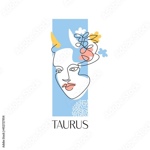 Taurus zodiac sign. The symbol of the astrological horoscope. Vector illustration. Portrait of a girl.