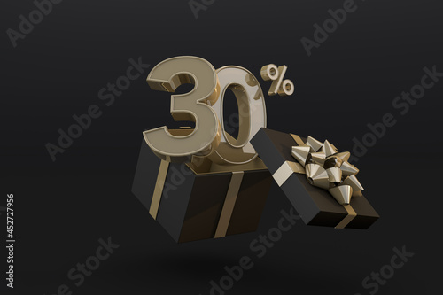 Black friday super sale with 30 percent gold number and black gift box and gold ribbon 3d render