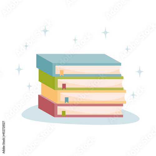 Stack of books with bookmarks. Concept of education, acquiring new knowledge. Vector illustration.