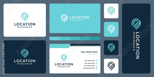 pin logo, location and initial letter M. business card design.
