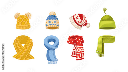 Set cute ornamental winter knitted clothes. Warm outerwear kit woolen jumper, sweater, scarf and hat photo