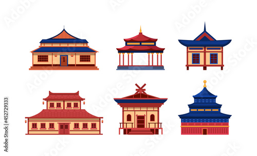Set of Chinese temples and houses at traditional Asian style. Korean religious buildings