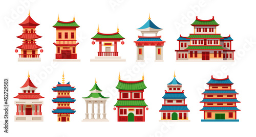 Chinese temples and houses at traditional Asian style. Korean religious buildings with towers and outdoor lighting. Buddhism Chinese temples and pagodas oriental architecture exterior