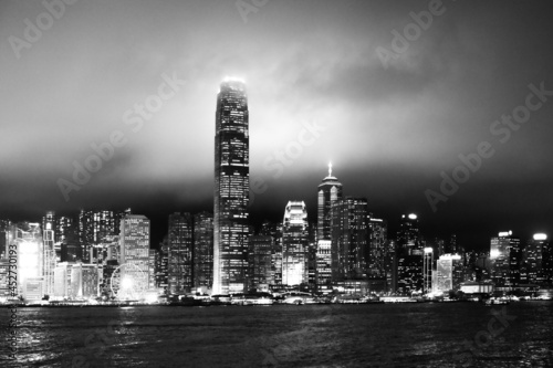 Hong Kong skyscreapers by night, black and white photo