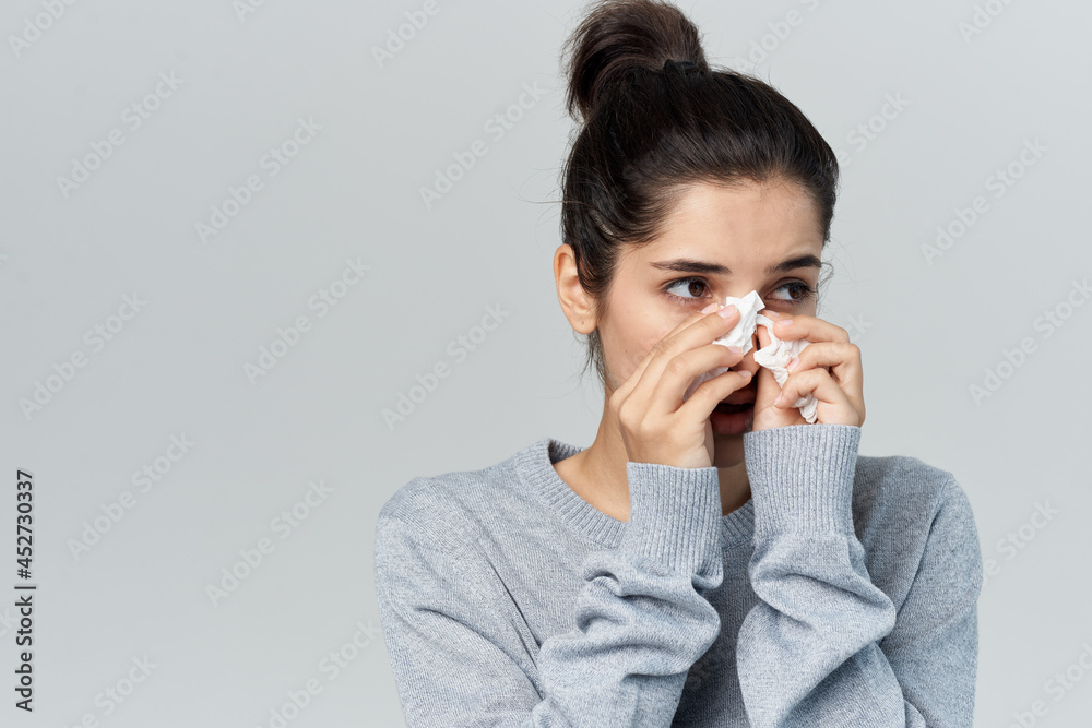 woman in sweater handkerchief cold infection discontent woman in sweater handkerchief cold infection discontent