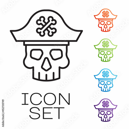 Black line Pirate captain icon isolated on white background. Set icons colorful. Vector