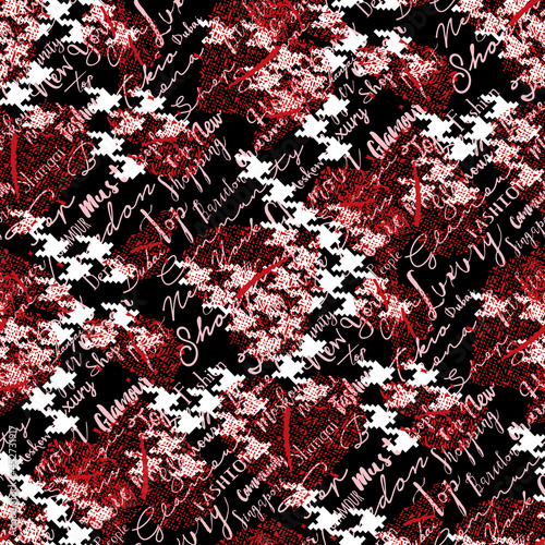 Fashion wallpaper with grunge heart houndstooth and  hand write font collage abstract vector seamless pattern