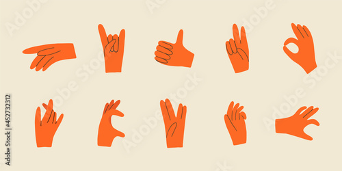 Set with various hands gestures. Different gestures, pointing finger. Trendy hand drawn colored trendy Vector illustration. All elements are isolated.