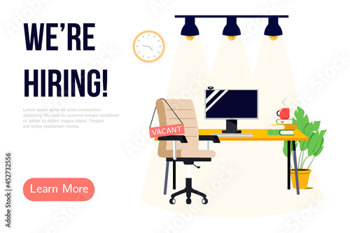 We are hiring banner design. Job vacancy vector poster. Empty office workplace with desk, chair and vacant sign on it. Business recruiting creative concept.