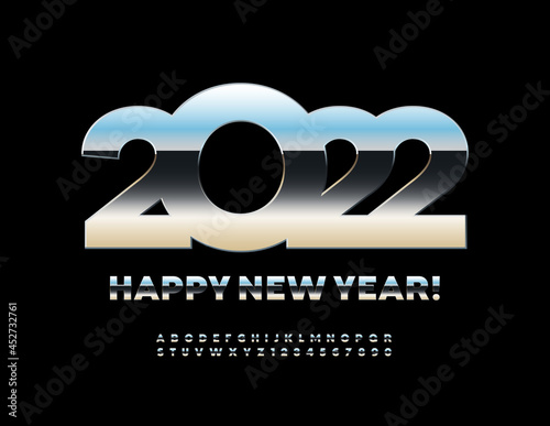 Vector trendy Greeting Card Happy New Year 2022! Silver glossy Font. Bold metallic Alphabet Letters and Numbers set