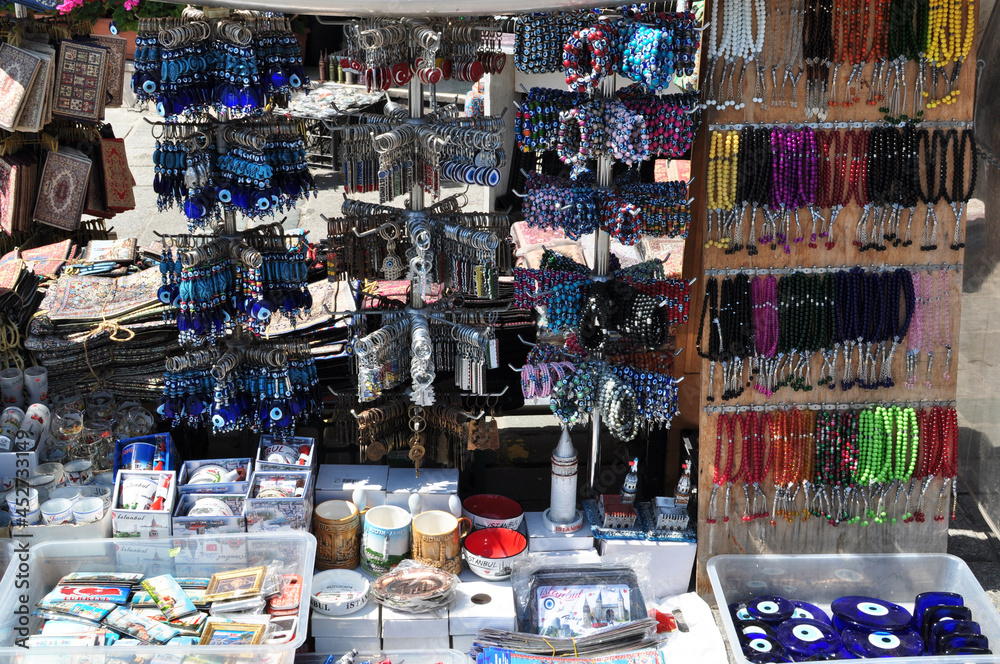 Gift shop in Istanbul. Sale of glass beads, amulets and amulets.