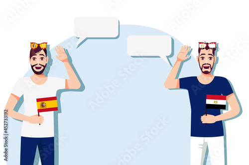 Men with Spanish and Egyptian flags. Background for the text. The concept of sports, political, education, travel and business relations between Spain and Egypt. Vector illustration.