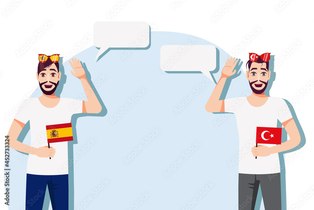 Men with Spanish and Turkish flags. The concept of international communication, education, sports, travel, business. Dialogue between Spain and Turkey. Vector illustration.