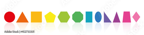 Colored geometric shapes. Colorful circle, triangle, square, pentagon, hexagon, octagon, rectangle, ellipse, right and isosceles triangle, trapezoid, rhombus - funny geometry lesson.
