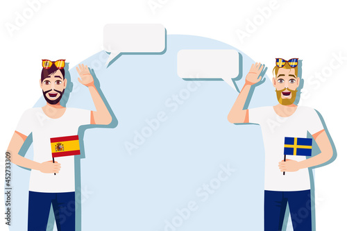 Men with Spanish and  Swedish flags. Background for the text. Communication between native speakers of the language. Vector illustration.