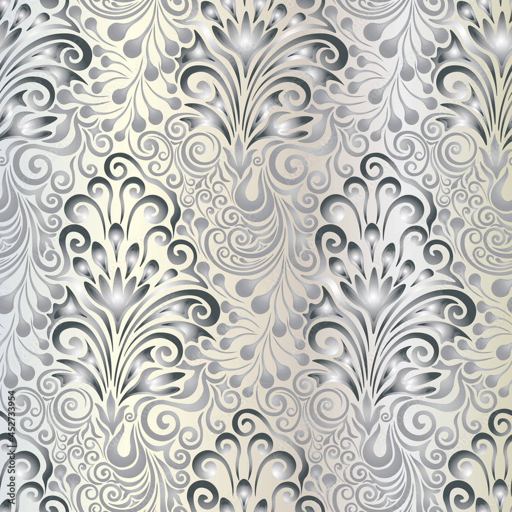 Seamless pattern, vector. Hand drawn damask style silver pattern on a white background. Seamless pattern, vector. Hand drawn damask style silver pattern on a white background.
