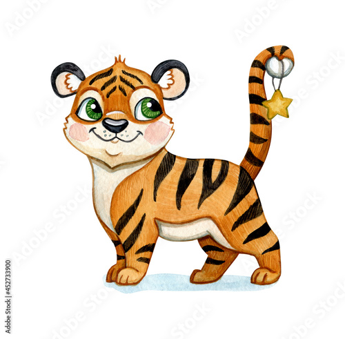 Fototapeta Naklejka Na Ścianę i Meble -  Watercolor illustration of a funny tider. Cute tiger isolated on white background. Watercolor hand-drawn illustration. Animal Clip Art. Clipart. Watercolor cartoon style illustration.