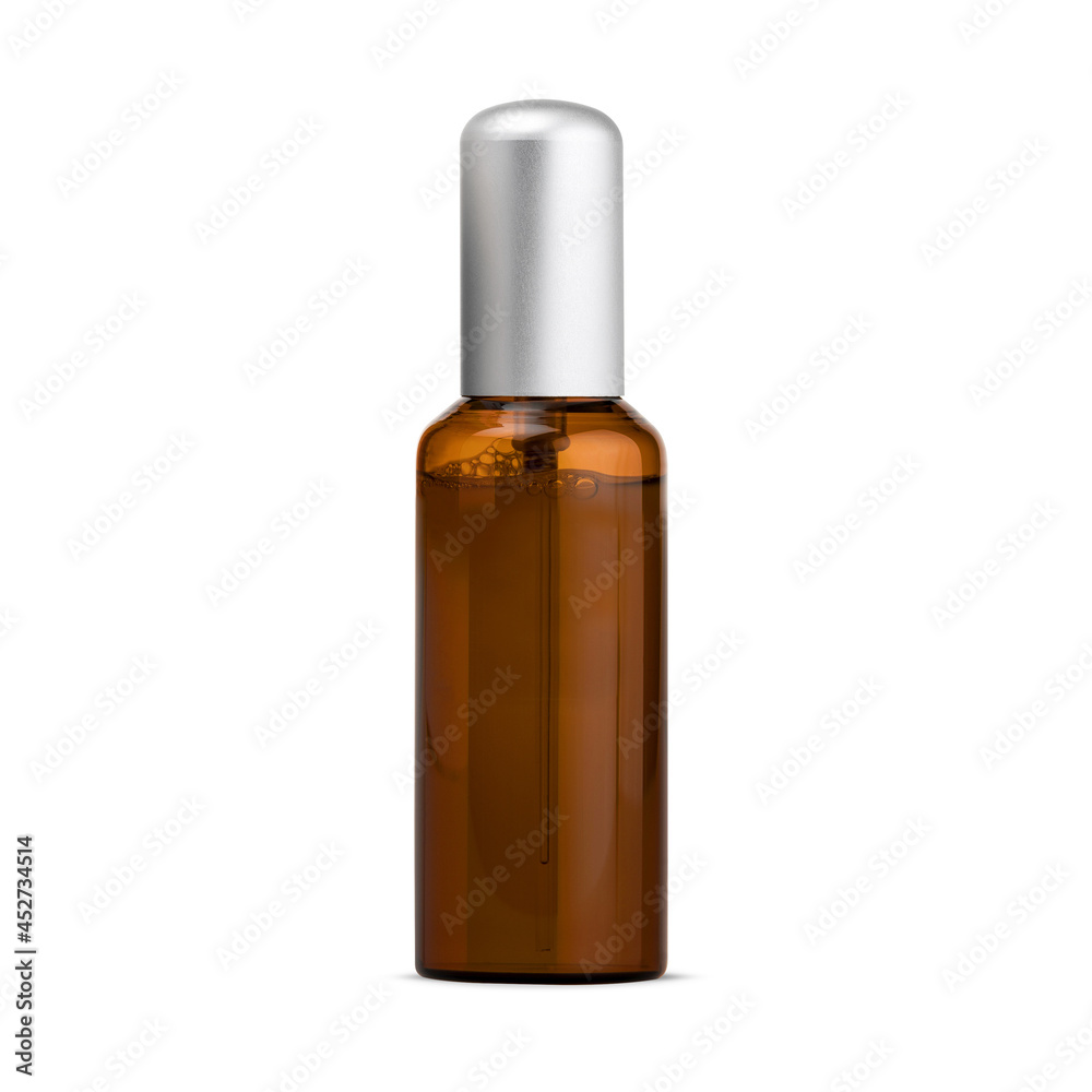 A bottle of brown glass with a liquid cosmetic product. A bottle with a silver lid and a dosing pipette. Skin care. The image is isolated on a white background.