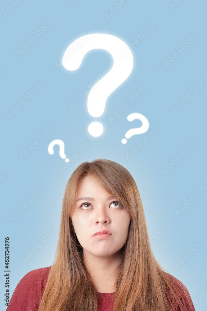 Women thinking and looking up expressing doubt and wonder. question marks. Women thinking and looking up expressing doubt and wonder. question marks.