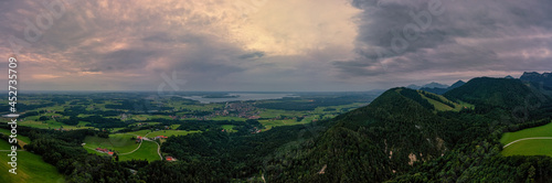 Aerial view over the Chiemsee with the view to the big, idyllic bavarian lake and the view over Bernau am Chiemsee.