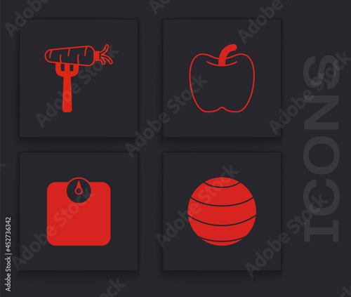 Set Fitness ball, Carrot on fork, Apple and Bathroom scales icon. Vector