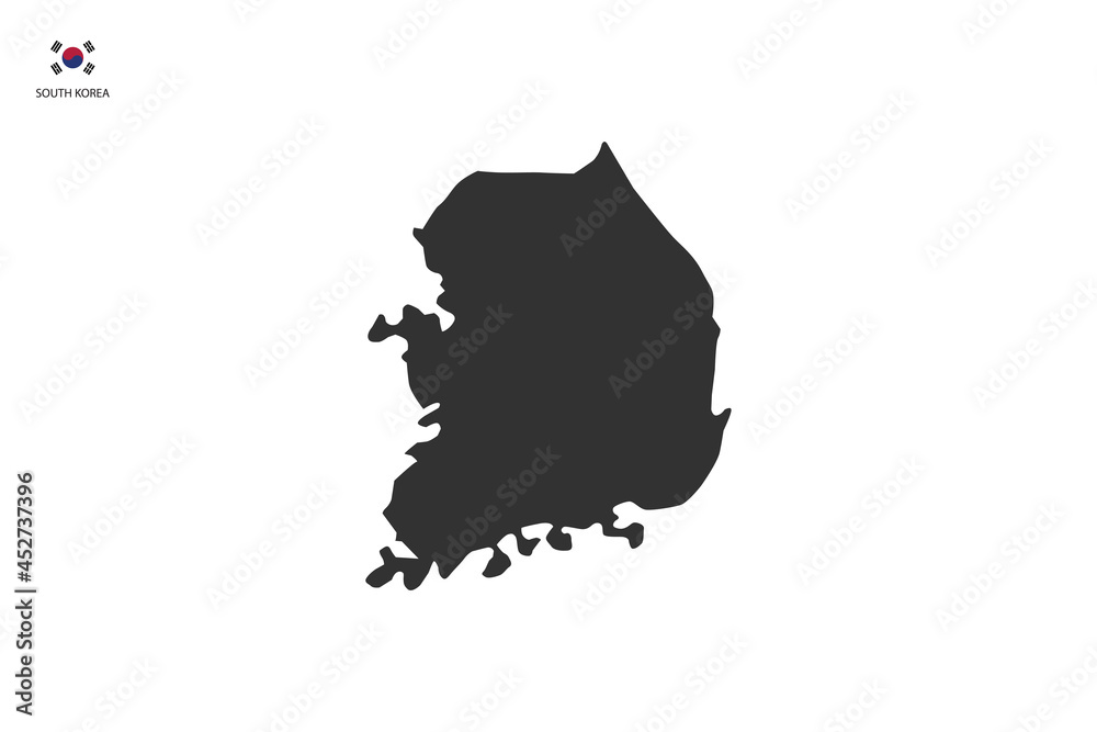 South Korea black shadow map vector on white background and country flag icon left corner.