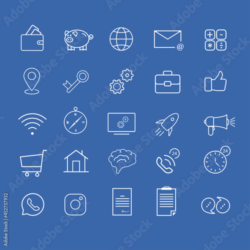 A set of vector business icons in a linear style.