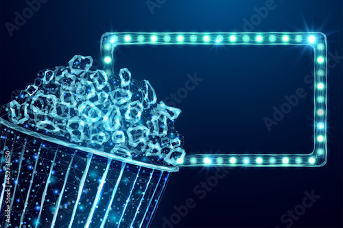 Pop corn wireframe and light billboard. Movie night poster template with glowing low poly tasty snack. Futuristic modern abstract. Isolated on dark background. Vector illustration.
