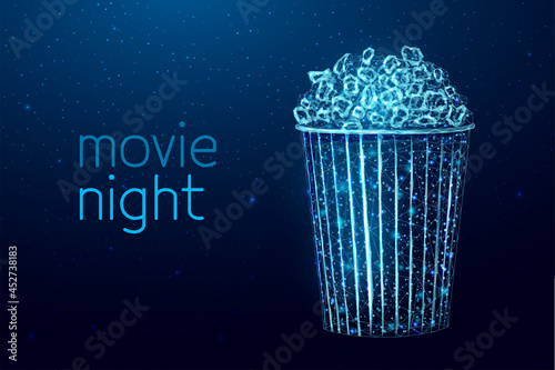Pop corn wireframe. Movie night poster template with glowing low poly tasty snack. Futuristic modern abstract. Isolated on dark background. Vector illustration.