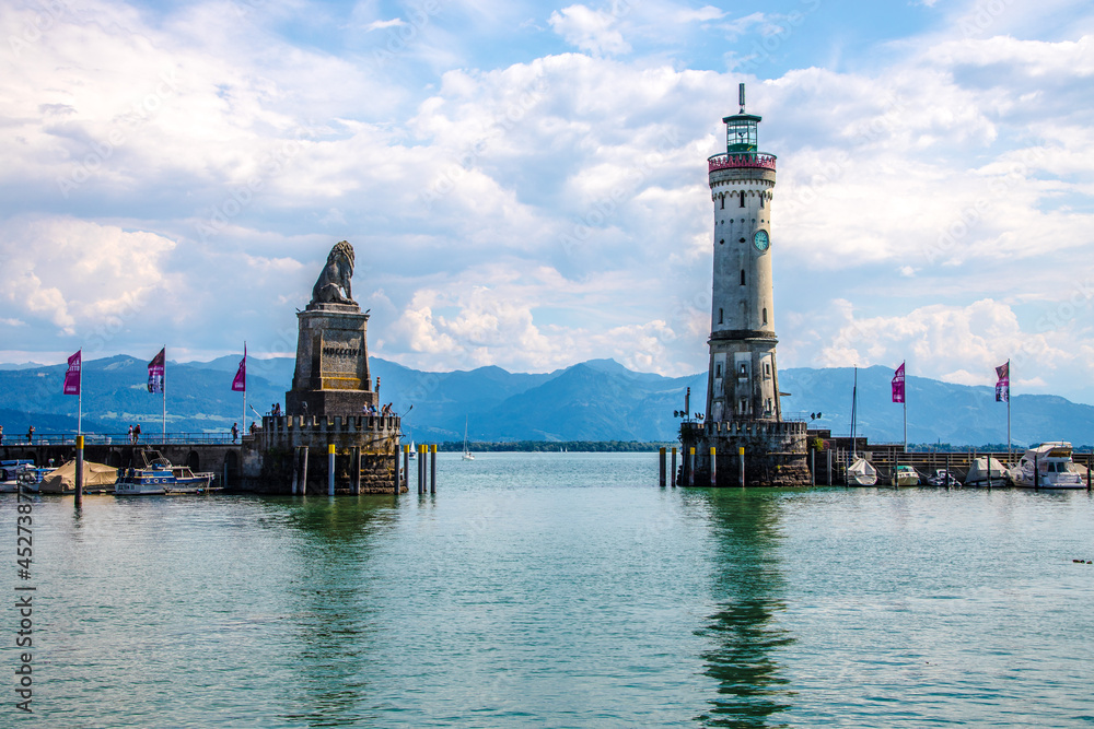 The picturesque harbour of the town Lindau at the Lake Constance, Bodensee, Bavaria, Germany, Europe