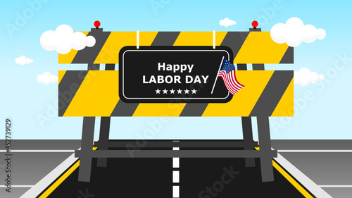 Happy Labor Day abstract background with USA flag illustration. Cloud, lamp, signpost, blue sky, street, sidewalk and board. You can use this asset for flyer, card, poster, greeting, game and template