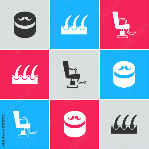 Set Gel or wax for hair styling, Human follicle and Barbershop chair icon. Vector