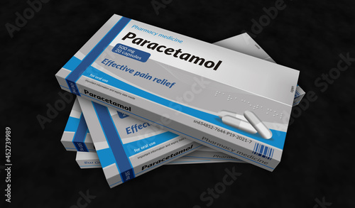 Paracetamol and painkiller tablets pack 3d illustration