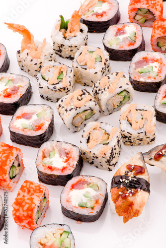 Sushi set isolated on white background. Photo for the menu and site. High quality photo